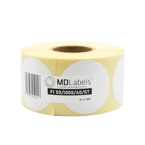 MD Labels Etiquetas térmicas blancas en rollo de 50 mm, 1000 unidades, adhesivo permanente, para código de barras, etiquetas adhesivas blancas para escribir