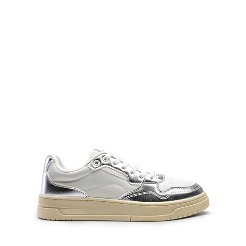 DREAM PAIRS DREAM PAIRS Women's Fashion Walking Skateboard Court Sneakers Comfortable Low Top Lace Up Non Slip Retro Vintage Casual Classic Athletic Shoes,Size 6.5,White/Silver,DWUMFN2505
