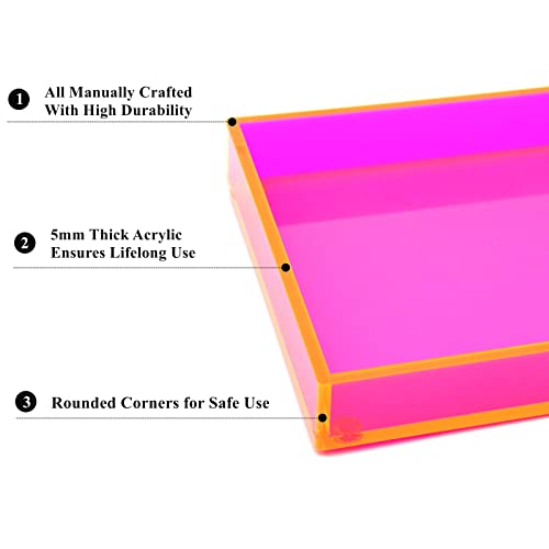 Acrylic Tray for Vanity Makeup Perfume Jewelry 12x6'' Small Decorative Tray for Bathroom Dresser Tops Candle Sink Counter, Neon Pink