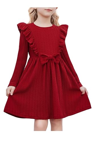 Arshiner Niñas Vestidos Mangas con Volantes Niños Pajarita de Punto Acanalado A-Line Fiesta Otoño Invierno Manga Larga Vestidos para Niñas 3-4 Años Rojo Oscuro