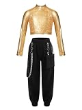 IEFIEL Traje de Baile Moderno para Niñas Sudadera de Manga Larga Crop Top de Lentejuelas Brillante y Pantalones Largos de Danza Hip Hop Chándales Deportivos 5-14 Años T Dorado 15-16 años
