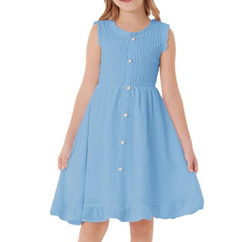 GRACE KARIN Mädchen Casual Rundhals A-Linie Sommerkleid Rüschen Festlicheskleid Hellblau 12 Jahre