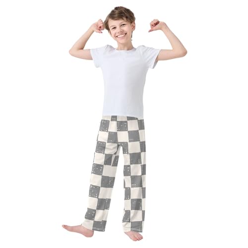 Boys' Pants Light Grey Checkerboard Doodle Long Bottoms Jogger Pants Elastic Waist Trousers with Pockets S-XL2