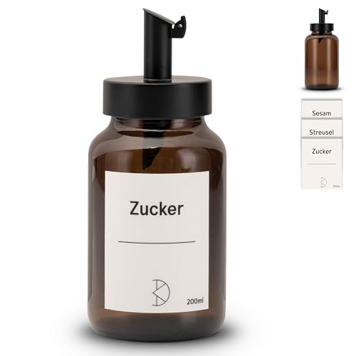 Koffs Design Zuckerstreuer mit Edelstahl Dosierer individuelle Streuer für Zucker Streusel Sesam Saaten und mehr - moderne Zuckerdose aus Glas mit UVSchutz - mit Stickern 200ml