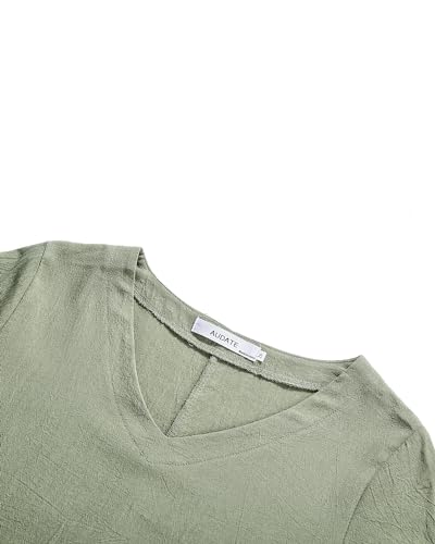 Women's Green Cotton Linen Knee-Length Summer Beach Dress with Pockets2