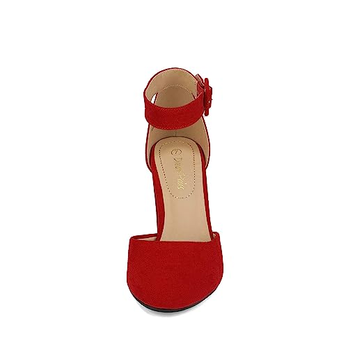 DREAM PAIRS DREAM PAIRS Women's High Heel Ankle Strap Closed Toe Chunky Wedding Party Pumps Shoes,Size 7,Red/Suede,Angela