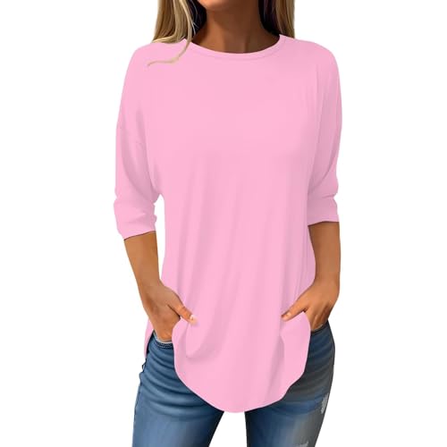 Yekdmxop Camisetas Mujer Curvy T Shirt Manga Larga Camisetas Elegante Cuello Redondo Tallas Grandes Impresión Top Y2k Ligero Camisetas Camiseta Suave Oficina Camisa Casual Regalos Baratos, Rosa, L