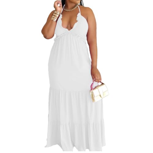 Image of TOPSRANI Womens Sleeveless Maxi Dress Halter Casual Backless Smocked Tiered Ruffle Flowy Sexy Slip Sling Strap Dresses