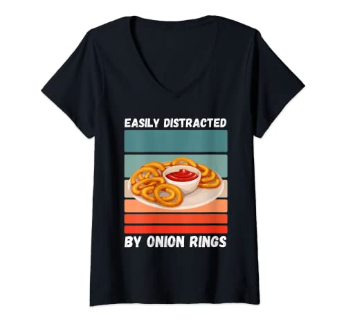 Mujer Vintage Easy Distracted By Onion Rings Retro Food Lover Camiseta Cuello V