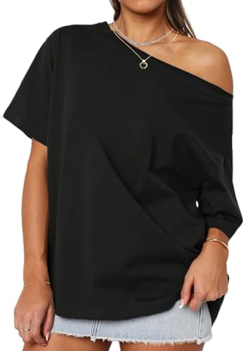 Dressmine Women's Off The Shoulder Tops Oversized Tshirts Short Sleeve Shirt Trendy Summer Boat Neck Top