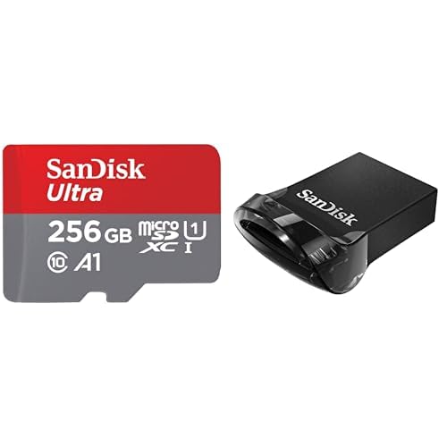 Bundle di SanDisk 256GB Ultra scheda microSDXC + adattatore SD fino a 150 MB/s + SanDisk 64GB Ultra Fit Unità flash USB 3.2, con velocità di lettura fino a 130 MB/s