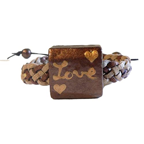 Bracelet tressé cuir réglable et céramique émaillée marron irisé