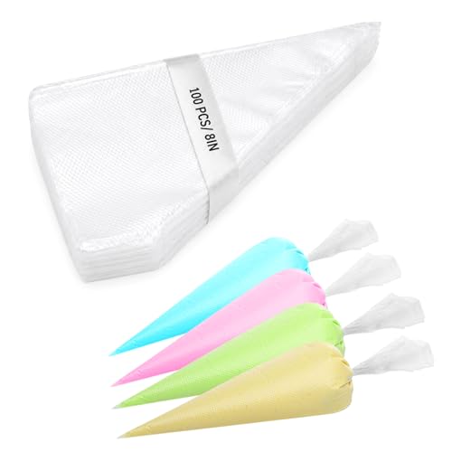 Engorgio 100 Pcs Disposable Mini Piping Bags 8 inch Pastry Bag Pastry Crimpers Small Piping Bags Disposable Pastry Bags For Cake Macarons Dessert Decorations Cookies Baking Cupcakes (Clear)