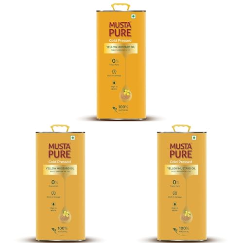Image of Musta Pure Cold Pressed Yellow Mustard Oil 5 Litre Cooking Oil, Unrefined, Naturally Cholesterol Free, A1 Grade Real Mustard Seeds For Natural Aroma & Flavour For Roasting, Frying, Baking - Tin