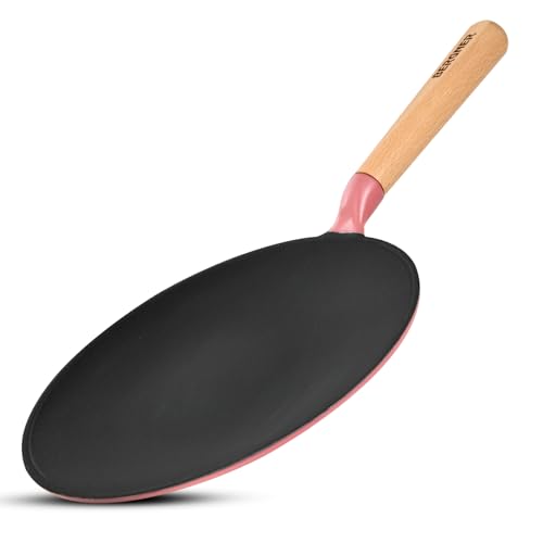 Image of BERGNER Excalibur Lightweight Cast Iron Roti Tawa 26cm, Sturdy Wooden Handle, Non-Stick Coating, PFAS Free, Perfect Heat Distribution, Elegant Design - Induction and Gas Stove Ready (Pink)