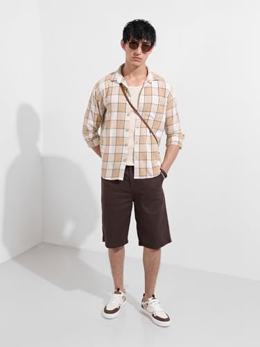 Chemise à carreaux biscuit homme avec col découpé original