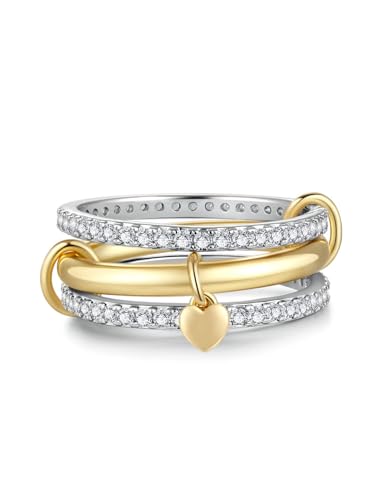 Stackable Rings for Women 18K Gold Plated Interlocking Ring Stack Set Gold Silver Mixed Metal Statement Rings Dainty Cubic Zirconia CZ Fashion Connected Band Thumb Ring Jewelry Gift for Women (01 Gold heart ring set, 8)