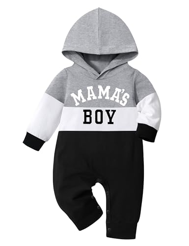 Image of Fommy Baby Boy Clothes MAMA'S BOY Letter Printed Long Sleeve Hooded Romper Bodysuit Jumpsuit Fall Winter Baby Clothes Outfits