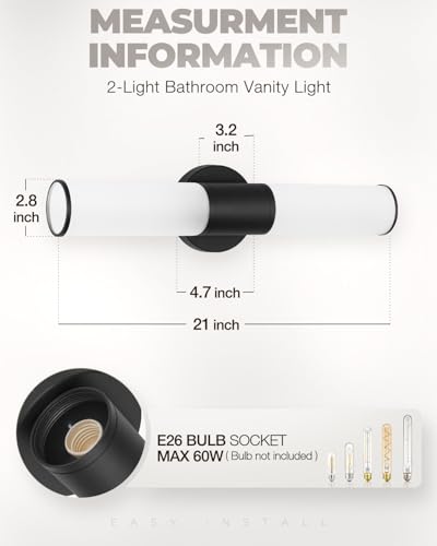 Image of 2-Light Bathroom Vanity Lighting Fixture, Black Wall Sconce with Opal White Glass, E26 Stocket Indoor Wall Lamp, Modern Mirror Light