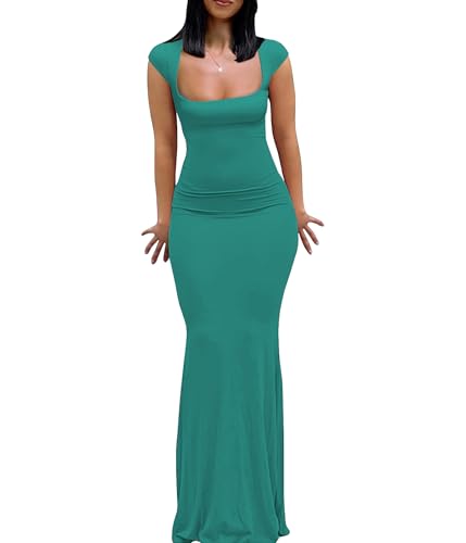 Image of Womens Summer Cap Sleeve Square Neck Elegant Casual Lounge Bodycon Slim Maxi Evening Party Long Dress