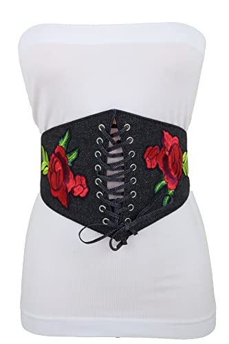 Women Fashion Black Denim Fabric Elastic Wide Corset Belt High Waist Red Flower Fit S M4