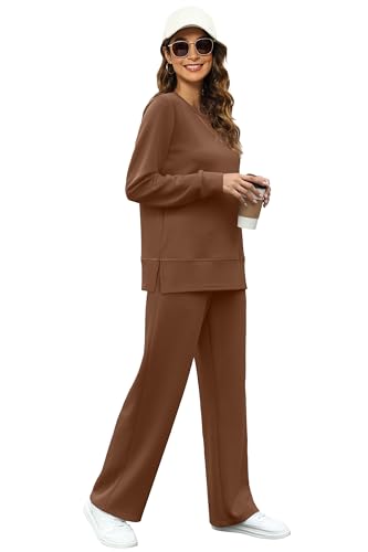 Image of OFEEFAN Women's 2 Piece Lounge Set Travel Airport Outfits Side Slit Tracksuit Wide Leg Loungewear Baggy Comfy Sweatsuit S-3XL