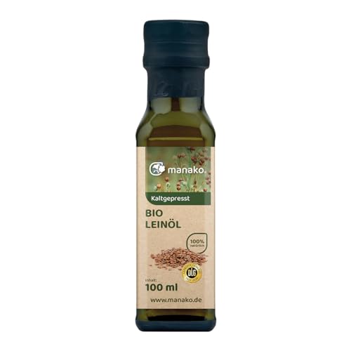 manako BIO Leinöl human, kaltgepresst und 100% rein, 100 ml Glasflasche