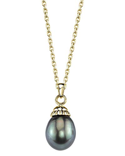 THE PEARL SOURCE 14K Gold 11-12mm Drop-Shape Black Tahitian South Sea Cultured Pearl Devon Pendant Necklace for Women