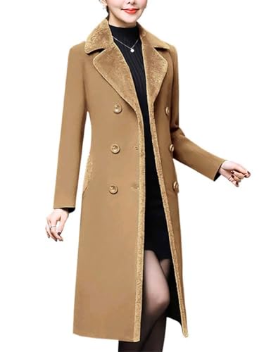 IDEALSANXUN Fur Collar Wool Coats for Women Double Breasted Long Peacoat Jackets