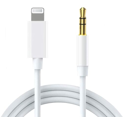 Cable auxiliar para iPhone, [certificado Apple MFi] Cable Lightning a auxiliar compatible con iPhone 14 13 12 11 XS XR X 8 7 a altavoz estéreo del coche, auriculares, blanco