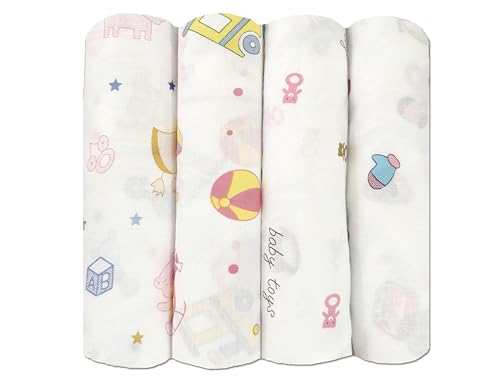 Image of Trance Home Linen Super Ultra Soft 100% Cotton New Born Baby Swaddle Wrap|New Born Babies Soft Pure Cotton Sheets|Baby Wrap Set (100x100 cm, Nursery Print, Pack of 4)|TC - 200; multicolor