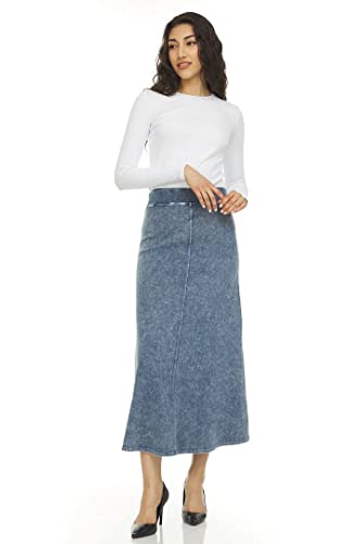 Womens Rib Denim Wash Long Maxi Skirt w/Wide Waistband2