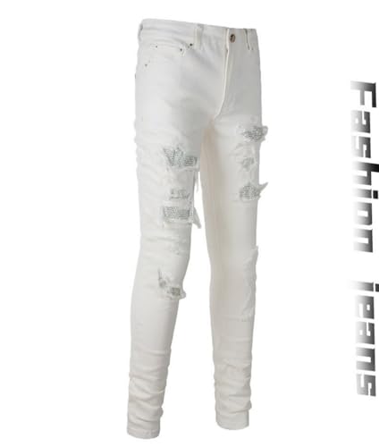 Jeans Pants Trousers Denim Men Stretch Slim Fit Street Trendy White Piercing Worn Hole Zircon Sparkle Hairy Edge Tassel Personalized Casual Small Foot(White,32)3