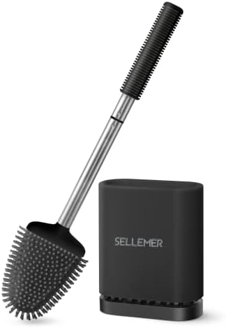 Sellemer Toilet Brush and Holder Set for Bathroom, Flexible Toilet Bowl Brush Head with Silicone Bristles, Compact Size for Storage and Organization, Ventilation Slots Base (1 Pack, Black)