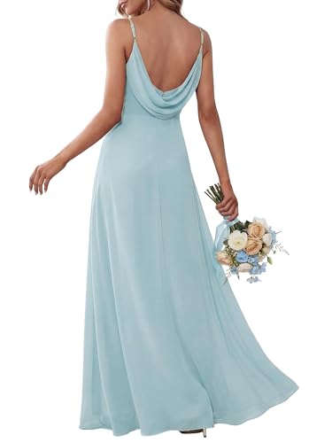 Ever-Pretty Robe de Soirée Femme Longue A Line Col V à Bretelles Mousseline de Soie Sexy Bleu Ciel 40