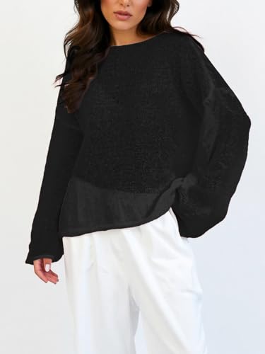 Women's Loose Fit Sheer Knit Sweater Round Neck Long Sleeve Solid Pullover Tops3