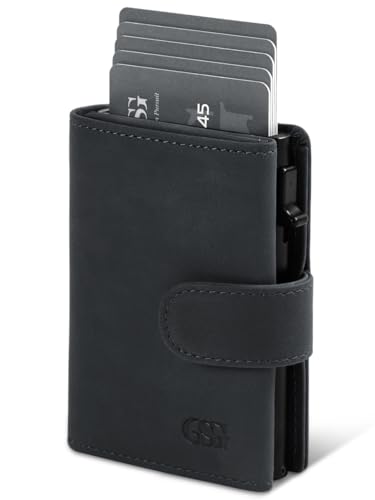 GSG Geldbörse Herren aus echtem Leder mit Münzfach RFID Schutz Trifold Klein Portmonee BrieftascheAutomatischem Pop-up für 10-12 Kreditkartenetui Schwarz