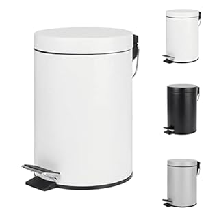 Home Treats Bathroom Bin 3L- Small Pedal bin for Bathroom Bin With Lid, Soft Close Hinge, Toilet, Restroom Stainless Steel Rubbish Waste Bin with Removable Inner Bucket Silver White Black (White)