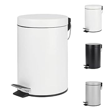 Home Treats Bathroom Bin 3L- Small Pedal bin for Bathroom Bin With Lid, Soft Close Hinge, Toilet, Restroom Stainless Steel Rubbish Waste Bin with Removable Inner Bucket Silver White Black (White)