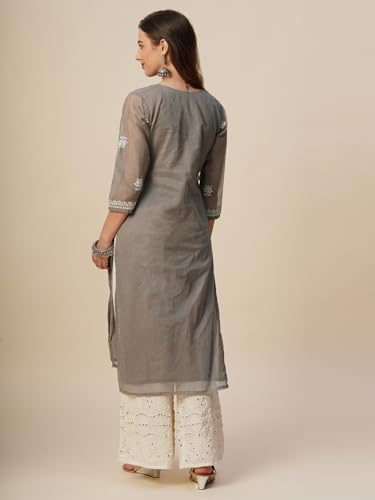 Image of RATAN Muga Cotton Straight Lucknowi Chikankari Ethnic Wear Kurta for Women