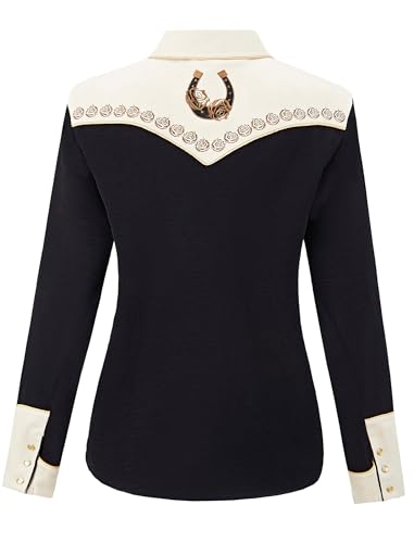 Women's Embroidered Western Cowgirl Snap Button Down Shirt with Stretch Long Sleeve Loose Blouse2