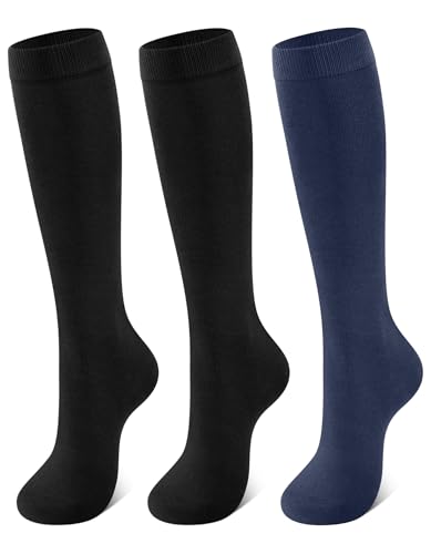 CLOSEMATE Kniestrümpfe Damen Lange Socken 3 Paar – 80% Weiche Baumwolle, Elastisch und Atmungsaktiv für Sport Büroarbeit Schule Reisen und Alltag 35-38 S 2Schwarz 1Navy Blau
