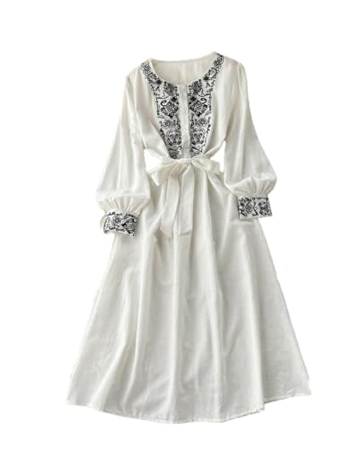 Damenkleid im Bohemian-Stil, im Folk-Stil, Stickerei, Vintage-Kleid, Taillenschnürung, Urlaubskleid, weiß, Einheitsgröße
