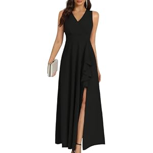 COOAN Frauen Schwarz Lang Formelle Kleider Cocktail Hochzeit Gastkleider Rüschen Teilung Elegant V Hals Party Kleider