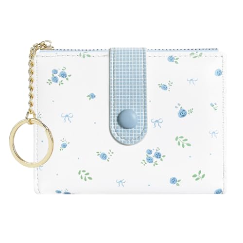 Image of Sunwel Fashion Rose Prints Wallet Small Bifold Wallet with Zipper Coin Pouch Card Slots ID Window for Women Girls (381BLUE)