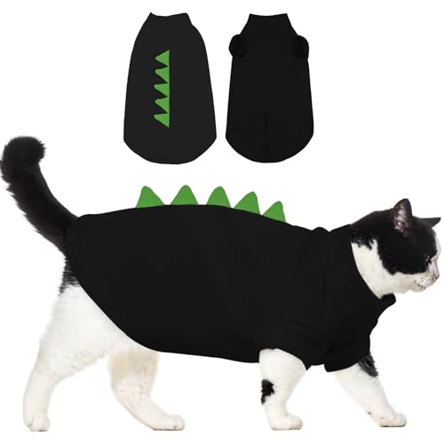 DENTRUN Sphynx Cat Clothes, Cute Dinosaur Design Hairless Cat Costume, Breathable Cotton Shirts Cat Clothes for Cats Only, Round Collar Kitten Daily T-Shirts with Sleeves, Cats Funny Cosplay Apparel