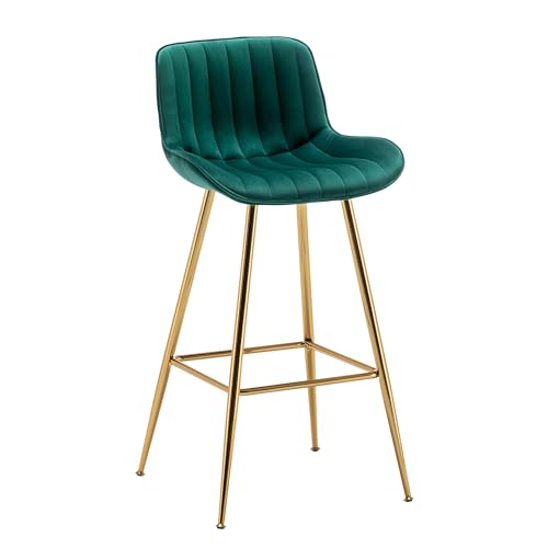 Image of Sidanli Velvet Barstools Set of 2, Green Bar Height Chairs Set of 2 with Gold Legs, 29 inch Seat Height Comfortable Island Stools with Back