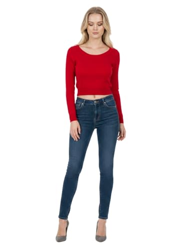 Image of Women's Crop Top Stretch Sweater - Long Sleeve Slim Bodycon Crewneck Casual Basic Solid Cropped Knit Pullover Top