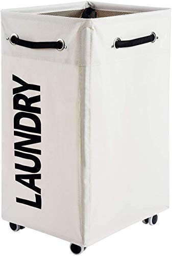 ALINK 86L Grand Panier à Linge Pliable Avec des Roues, Corbeilles à Linge Pliable Roulant, Support de sac à Vêtements Avec Roulettes de Rangement Pour le Rangement des Vêtements Sales, Beige (XL) Cover
