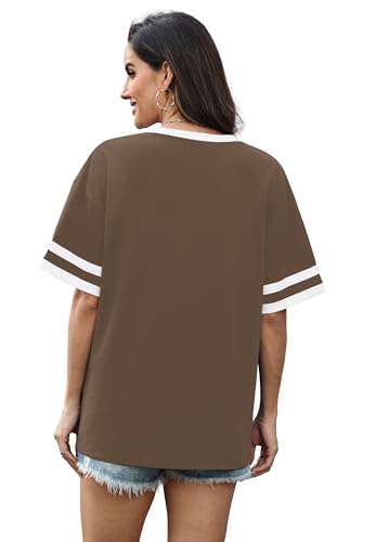 Image of WIHOLL Womens T Shirts Loose Fit Short Sleeve Tees V Neck Color Block Summer Tops 2026 Fashion S-4XL